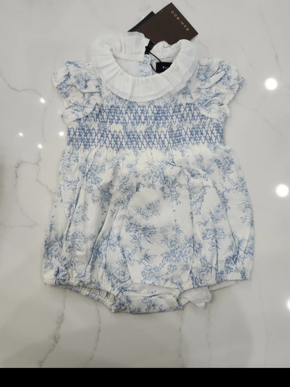 BAMBOO White and Light Blue Floral Smocked Baby One-Piece